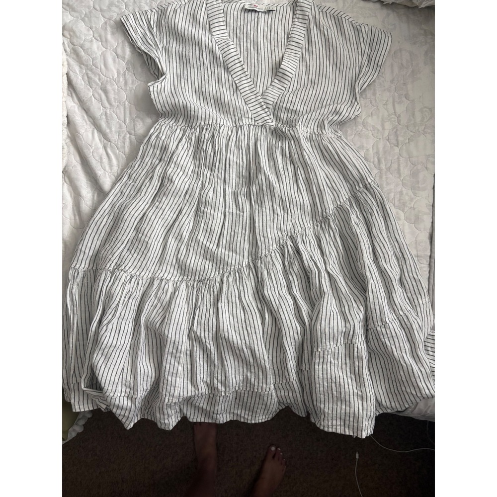Vineyard Vines Womens Small Linen Striped Tiered V-Neck Mini Dress White Navy